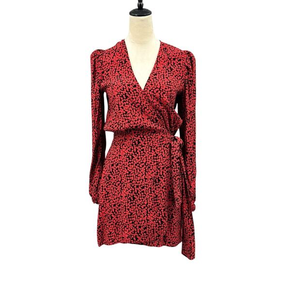 Free People Kinsley Red & Black Floral Print V-neck Long Sleeve Mini Wrap Dress - Picture 3 of 15